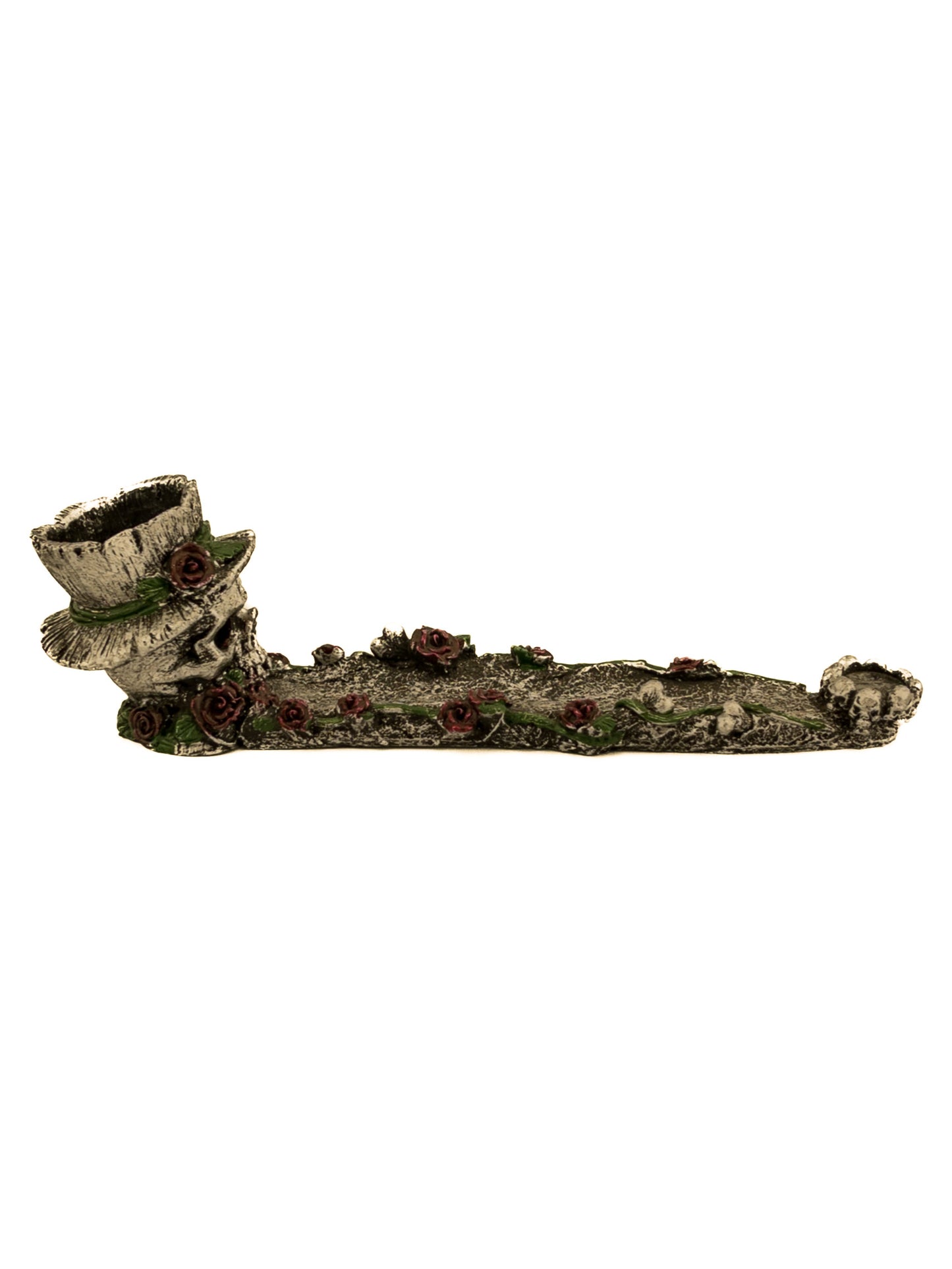 SKULL WITH ROSES BOAT INCENSE BURNER